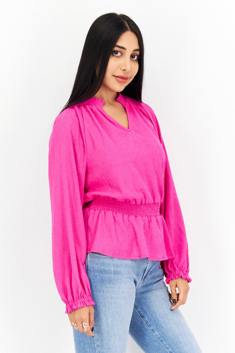Riley & Rae Women V Neck Long Sleeve Solid Blouse, Pink - Image 2